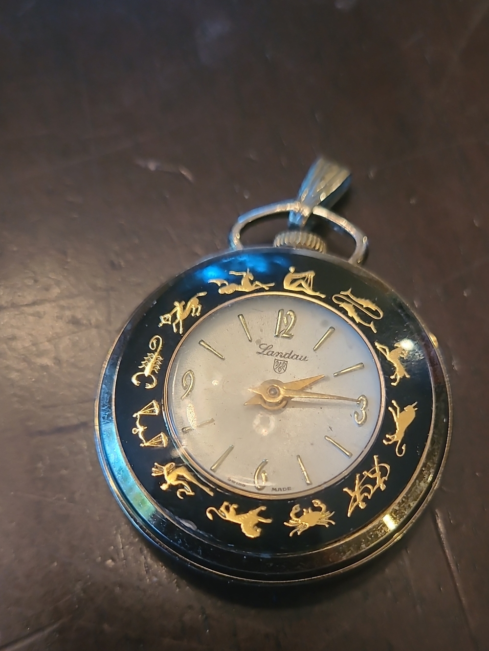 Landau Black Enamel Zodiac Pendant Watch with Gold Accents